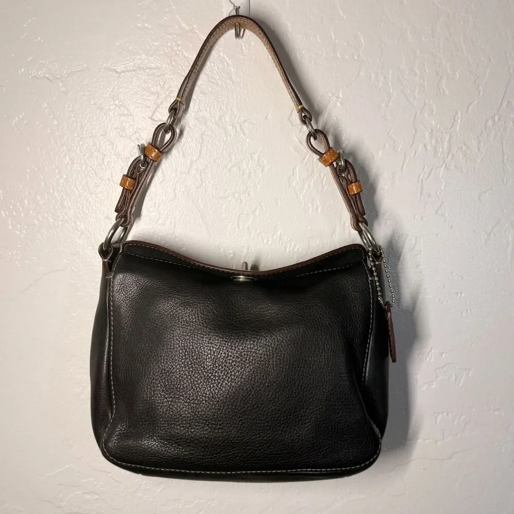 Coach Chelsea Pebbled Black Leather Hobo Handbag Brown Strap - Picture 8 of 14